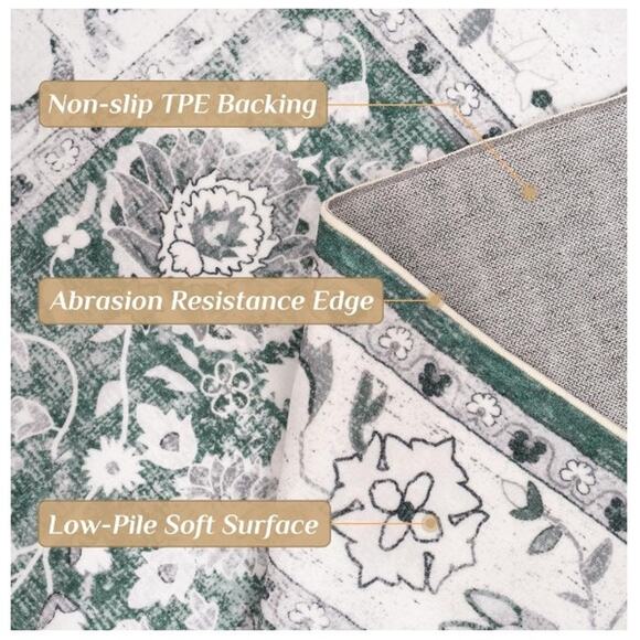 5’x7’ Washable Area Rug Machine Washable Vintage Carpet, Green - Picture 5 of 7